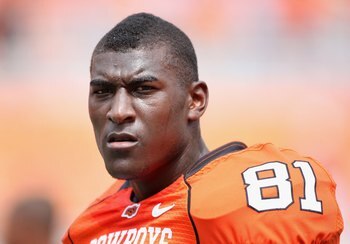 STILLWATER, OK - SEPTEMBER 05:  Wide receiver Justin Blackmon #81 of the Oklahoma State Cowboys warms up before the college football game against the Georgia Bulldogs at Boone Pickens Stadium on September 5, 2009 in Stillwater, Oklahoma.  The Cowboys defe