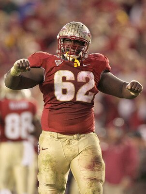 TALLAHASSEE, FL - NOVEMBER 27: Rodney Hudson #62 of the Florida State Seminoles celebrates a touchdown during a game against the Florida Gators at Doak Campbell Stadium on November 27, 2010 in Tallahassee, Florida.  (Photo by Mike Ehrmann/Getty Images)