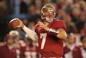 TALLAHASSEE, FL - NOVEMBER 27:  Christian Ponder #7 of the Florida State Seminoles throws for a first down during a game against the Florida Gators at Doak Campbell Stadium on November 27, 2010 in Tallahassee, Florida.  (Photo by Mike Ehrmann/Getty Images