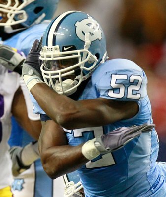 ATLANTA - SEPTEMBER 04:  Quan Sturdivant #52 of the North Carolina Tar Heels against the LSU Tigers during the Chick-fil-A Kickoff Game at Georgia Dome on September 4, 2010 in Atlanta, Georgia.  (Photo by Kevin C. Cox/Getty Images)