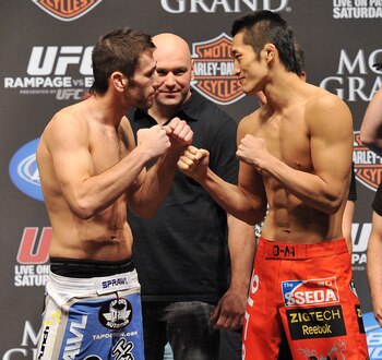 LAS VEGAS - MAY 28:  UFC fighter Amir Sadollah (L) faces off against UFC fighter Dong Hyun Kim (R) at UFC 114: Rampage versus Rashad at the Mandalay Bay Hotel on May 28, 2010 in Las Vegas, Nevada.  (Photo by Jon Kopaloff/Getty Images)
