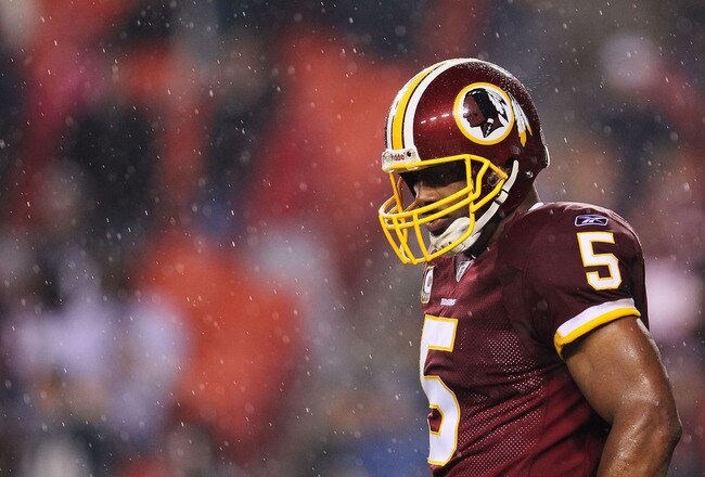 LANDOVER, MD - NOVEMBER 15:  Donovan McNabb #5 of the Washington Redskins waits for play to resume in the fourth quarter against the Philadelphia Eagles on November 15, 2010 at FedExField in Landover, Maryland.  (Photo by Chris McGrath/Getty Images)