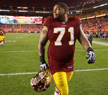 LANDOVER, MD - OCTOBER 17:  Washington Redskins first 2010 first round draft pick Trent Williams #71 walks off the field after a defeat against the Indianapolis Colts at FedEx Field on October 17, 2010 in Landover, Maryland. The Colts won the game 27-24.