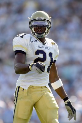 CHAPEL HILL, NC - NOVEMBER 11:  Calvin Johnson #21 of the Georgia Tech Yellow Jackets walks on the field during the game against the North Carolina Tar Heels on November 11, 2006 at Kenan Stadium in Chapel Hill, North Carolina. Georgia Tech defeated UNC 7