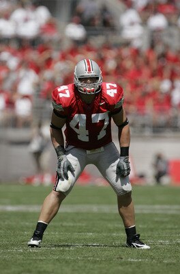 COLUMBUS, OH - SEPTEMBER 3:  Linebacker A.J. Hawk #47 of the Ohio State Buckeyes gets set for play against the Miami (OH) Redhawks on September 3, 2005 at Ohio Stadium in Columbus, Ohio.  Ohio State defeated Miami (OH) 34-14.  (Photo by David Maxwell/Gett