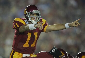 PASADENA, CA - JANUARY 04:  Quarterback Matt Leinart #11 of the USC Trojans call a play in the first quarter against the Texas Longhorns during the BCS National Championship Rose Bowl Game on January 4, 2006 in Pasadena, California.  (Photo by Stephen Dun