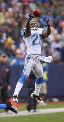 ORCHARD PARK, NY - NOVEMBER 14: Chris Houston #23 of the Detroit Lions unsuccesfully tries to intercept a pass intended for Lee Evans #83 of the Buffalo Bills  at Ralph Wilson Stadium on November 14, 2010 in Orchard Park, New York. Buffalo won 14-12. (Pho
