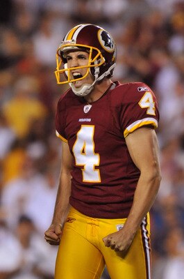 LANDOVER - SEPTEMBER 19:  Graham Gano #4 of the Washington Redskins reacts after missing a field goal in overtime against the Houston Texans at FedExField on September 19, 2010 in Landover, Maryland. The Texans defeated the Redskins in overtime 30-27. (Ph