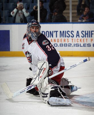 UNIONDALE, NY - NOVEMBER 24:  Mathieu Garon #32 of the Columbus Blue Jackets skates in warmups prior to the game against the New York Islanders at the Nassau Coliseum on November 24, 2010 in Uniondale, New York.  (Photo by Bruce Bennett/Getty Images)