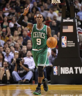 MIAMI - NOVEMBER 11:  Rajon Rondo #9 of the Boston Celtics brings the ball up the court during a game against the Miami Heat at American Airlines Arena on November 11, 2010 in Miami, Florida. NOTE TO USER: User expressly acknowledges and agrees that, by d