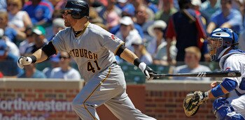 CHICAGO - JUNE 30: Ryan Doumit #41 of the Pittsburgh Pirates hits the ball against the Chicago Cubs at Wrigley Field on June 30, 2010 in Chicago, Illinois. The Pirates defeated the Cubs 2-0. (Photo by Jonathan Daniel/Getty Images)