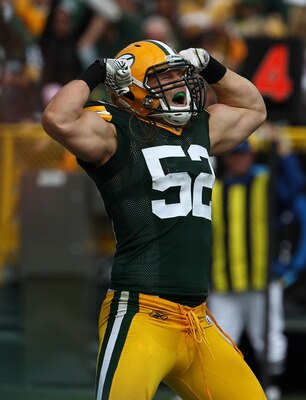GREEN BAY, WI - SEPTEMBER 19: Clay Matthews #52 of the Green Bay Packers celebrates a defensive stop against the Buffalo Bills at Lambeau Field on September 19, 2010 in Green Bay, Wisconsin. The Packers defeated the Bills 34-7. (Photo by Jonathan Daniel/G