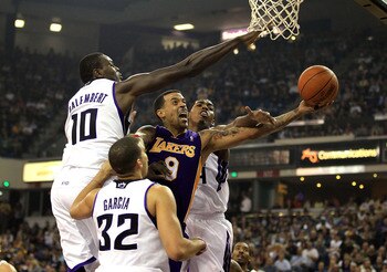 SACRAMENTO, CA - NOVEMBER 03:  Matt Barnes #9 of the Los Angeles Lakers goes up for a shot against the Sacramento Kings at ARCO Arena on November 3, 2010 in Sacramento, California.  NOTE TO USER: User expressly acknowledges and agrees that, by downloading