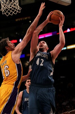 LOS ANGELES - NOVEMBER 9: Kevin Love #42 of the Minnesota Timberwolves shoots over Pau Gasol #16 of the Los Angeles Lakers at Staples Center on November 9, 2010 in Los Angeles, California. The Lakers won 99-94.   NOTE TO USER: User expressly acknowledges