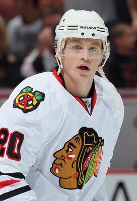 ANAHEIM, CA - NOVEMBER 26:  Jack Skille #20 of the Chicago Blackhawks looks on prior to the start of the game against the Anaheim Ducks at the Honda Center on November 26, 2010 in Anaheim, California.  (Photo by Jeff Gross/Getty Images)