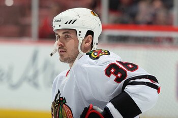 ANAHEIM, CA - NOVEMBER 26:  Dave Bolland #36 of the Chicago Blackhawks looks on prior to the start of the game against the Anaheim Ducks at the Honda Center on November 26, 2010 in Anaheim, California.  (Photo by Jeff Gross/Getty Images)