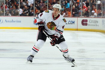 ANAHEIM, CA - NOVEMBER 26:  Niklas Hjalmarsson #4 of the Chicago Blackhawks skates against the Anaheim Ducks at the Honda Center on November 26, 2010 in Anaheim, California.  (Photo by Jeff Gross/Getty Images)
