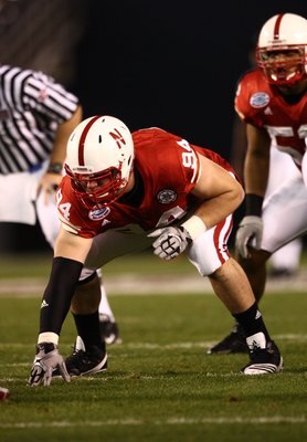 SAN DIEGO - DECEMBER 30:  Jared Crick #94 of the University of Nebraska Cornhuskers lines up in position during the Pacific Life Holiday Bowl against University of Arizona Wildcats on December 30, 2009 at Qualcomm Stadium in San Diego, California. The Cor