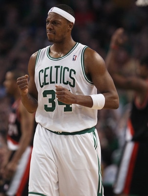 BOSTON - DECEMBER 01:  Paul Pierce #34 of the Boston Celtics celebrates in the fourth quarter against the Portland Trailblazers on December 1, 2010 at the TD Garden in Boston, Massachusetts. The Celtics defeated the Trailblazers 99-95. NOTE TO USER: User