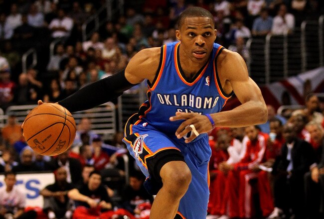 LOS ANGELES - NOVEMBER 3: Russell Westbrook #0 of the Oklahoma City Thunder drives against the Los Angeles Clippers at Staples Center on November 3, 2010 in Los Angeles, California.  NOTE TO USER: User expressly acknowledges and agrees that, by downloadin