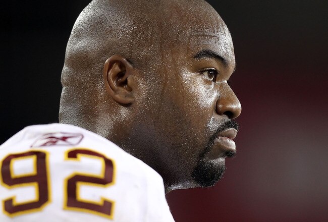GLENDALE, AZ - SEPTEMBER 02:  Defensive tackle Albert Haynesworth #92 of the Washington Redskins stands on the sidelines during preseason NFL game against the Arizona Cardinals at the University of Phoenix Stadium on September 2, 2010 in Glendale, Arizona