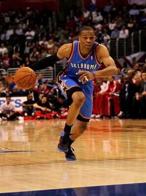 LOS ANGELES - NOVEMBER 3: Russell Westbrook #0 of the Oklahoma City Thunder drives against the Los Angeles Clippers at Staples Center on November 3, 2010 in Los Angeles, California.  NOTE TO USER: User expressly acknowledges and agrees that, by downloadin