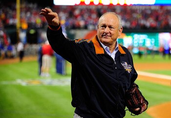 ARLINGTON, TX - OCTOBER 31:  Hall of Famer and Team President Nolan Ryan of the Texas Rangers waves to the crowd before the Rangers take on the San Francisco Giants in Game Four of the 2010 MLB World Series at Rangers Ballpark in Arlington on October 31,