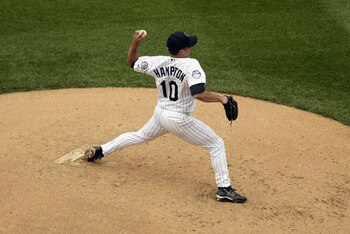 DENVER - AUGUST 8:  Pitcher Mike Hampton #10 of the Colorado Rockies throws a pitch during the MLB game against the Cincinnati Reds on August 8, 2002 at Coors Field in Denver, Colorado.  The Rockies won 10-3.  (Photo by Brian Bahr/Getty Images)