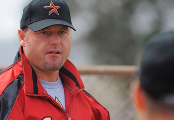 KISSIMMEE, FL - FEBRUARY 27: Roger Clemens speaks with Houston Astros minor league pitchers at Spring Training at Osceola County Stadium on February 27, 2008 in Kissimmee, Florida. The U.S. House Oversight and Government Reform Committee has asked the Jus