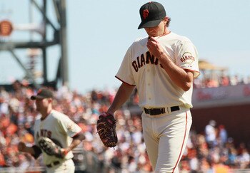 SAN FRANCISCO - OCTOBER 02:  Barry Zito #75 of the San Francisco Giants walks off the field after the first inning against the San Diego Padres at AT&T Park on October 2, 2010 in San Francisco, California.  (Photo by Justin Sullivan/Getty Images)