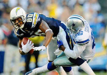 SAN DIEGO - AUGUST 21:  Wide receiver Malcolm Floyd #80 is wrapped up by Cletis Gordon #26 of the Dallas Cowboys during their pre-season NFL football game at Qualcomm Stadium on August 21, 2010 in San Diego, California.  (Photo by Kevork Djansezian/Getty