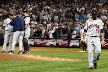 NEW YORK - OCTOBER 09:  Manager Ron Gardenhire pulls pitcher Nick Blackburn #53 of the Minnesota Twins out of the game in the sixthing inning against the New York Yankees in Game Two of the ALDS during the 2009 MLB Playoffs at Yankee Stadium on October 9,