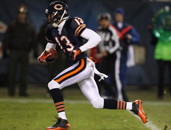 CHICAGO - NOVEMBER 28: Johnny Knox #13 of the Chicago Bears runs for a first down against the Philadelphia Eagles at Soldier Field on November 28, 2010 in Chicago, Illinois. The Bears defeated the Eagles 31-26. (Photo by Jonathan Daniel/Getty Images)