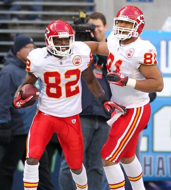 SEATTLE, WA - NOVEMBER 28:  Wide receiver Dwayne Bowe #82 of the Kansas City Chiefs celebrates with Tony Moeaki #81 after scoring a touchdown against the Seattle Seahawks to take a 20-7 lead at Qwest Field on November 28, 2010 in Seattle, Washington. The