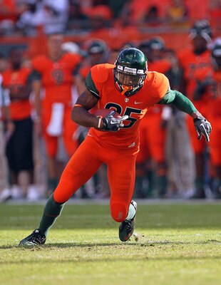 MIAMI - NOVEMBER 20: Leonard Hankerson #85 of the Miami Hurricanes runs after a catch during a game against the Virginia Tech Hokies at Sun Life Stadium on November 20, 2010 in Miami, Florida. (Photo by Mike Ehrmann/Getty Images)