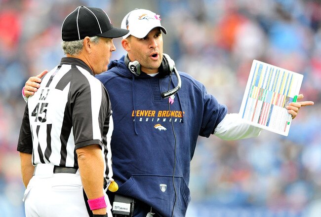 NASHVILLE, TN - OCTOBER 03:  Coach Josh McDaniels of the Denver Broncos confers with an official during a game against the Tennessee Titans  at LP Field on October 3, 2010 in Nashville, Tennessee. Denver won 26-20.  (Photo by Grant Halverson/Getty Images)
