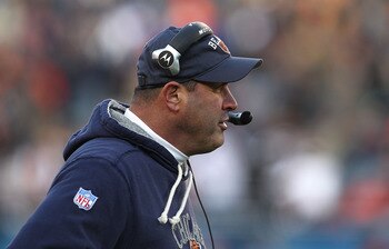 CHICAGO - NOVEMBER 14: Offensive line coach Mike Tice of the Chicago Bears watches as his team takes on the Minnesota Vikings at Soldier Field on November 14, 2010 in Chicago, Illinois. The Bears defeated the Vikings 27-13. (Photo by Jonathan Daniel/Getty