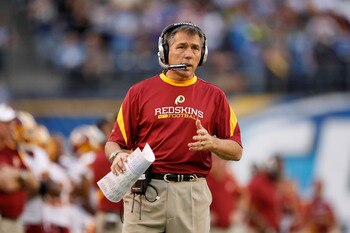 SAN DIEGO - JANUARY 03:  Washington Redskins head coach Jim Zorn looks on from the sideline against the San Diego Chargers at Qualcomm Stadium on January 3, 2010 in San Diego, California. The Chargers defeated the Redskins 23-20.  (Photo by Jeff Gross/Get