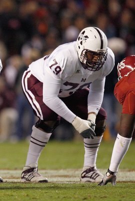TUSCALOOSA, AL - NOVEMBER 15:  J.C. Brignone #70 and Derek Sherrod #79of the Mississippi State Bulldogs get ready on the line of scrimmage during the game against the Alabama Crimson Tide at Bryant-Denny Stadium on November 15, 2008 in Tuscaloosa, Alabama