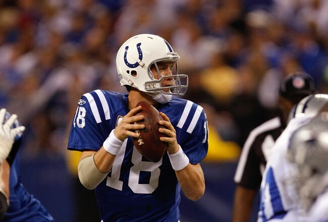 INDIANAPOLIS, IN - DECEMBER 05: Peyton Manning #18 of the Indianapolis Colts drops back to pass against the Dallas Cowboys at Lucas Oil Stadium on December 5, 2010 in Indianapolis, Indiana.  (Photo by Scott Boehm/Getty Images)