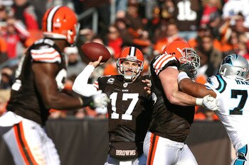 CLEVELAND - NOVEMBER 28: Quarterback Jake Delhomme #17 of the Cleveland Browns throws the ball to tight end Benjamin Watson #82 against the Carolina Panthers at Cleveland Browns Stadium on November 28, 2010 in Cleveland, Ohio.  (Photo by Matt Sullivan/Get