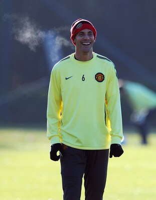 MANCHESTER - NOVEMBER 23: Rio Ferdinand of Manchester United in action during a training session ahead of their UEFA Champions League group C match against Rangers FC at the Carrington Training Ground on November 23, 2010 in Manchester, England (Photo by 