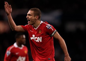 MANCHESTER, UNITED KINGDOM - NOVEMBER 10:   Nemanja Vidic of Manchester United reacts during the Barclays Premier League match between Manchester City and Manchester United at the City of Manchester Stadium on November 10, 2010 in Manchester, England. (Ph
