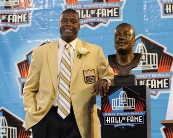 CANTON, OH - AUGUST 2: Darrell Green of the Washington Redskins poses with his bust after his induction during the Class of 2008 Pro Football Hall of Fame Enshrinement Ceremony at Fawcett Stadium on August 2, 2008 in Canton, Ohio.   (Photo by Al Messersch