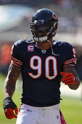 CHICAGO - OCTOBER 17: Julius Peppers #90 of the Chicago Bears participates in warm-ups before a game against the Seattle Seahawks at Soldier Field on October 17, 2010 in Chicago, Illinois. The Seahawks defeated the Bears 23-20. (Photo by Jonathan Daniel/G