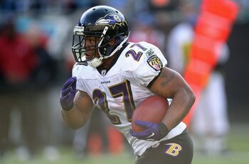 CHARLOTTE, NC - NOVEMBER 21:  Ray Rice #27 of the Baltimore Ravens against the Carolina Panthers at Bank of America Stadium on November 21, 2010 in Charlotte, North Carolina.  (Photo by Streeter Lecka/Getty Images)