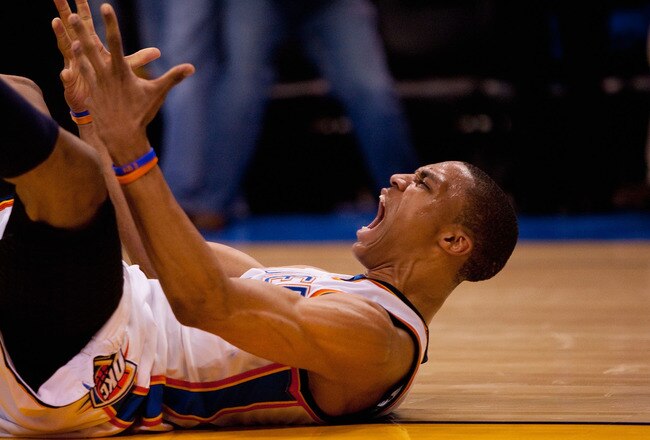 OKLAHOMA CITY - APRIL 30: Russell Westbrook #0 of the Oklahoma City Thunder reacts to being fouled against the Los Angeles Lakers during Game Six of the Western Conference Quarterfinals of the 2010 NBA Playoffs on April 30, 2010 at the Ford Center in Okla