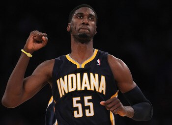 LOS ANGELES, CA - NOVEMBER 28:  Roy Hibbert #55 of the Indiana Pacers celebrates after making a basket late in the fourth quarter against the Los Angeles Lakers at Staples Center on November 28, 2010 in Los Angeles, California. The Pacers defeated the Lak