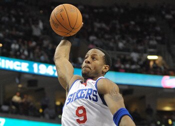 PHILADELPHIA - OCTOBER 27:  Andre Iguodala #9 of the Philadelphia 76ers in action during the game against the Miami Heat at the Wells Fargo Center on October 27, 2010 in Philadelphia, Pennsylvania. NOTE TO USER: User expressly acknowledges and agrees that