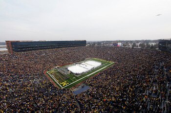 ANN ARBOR, MI - DECEMBER 11:  A general view prior to the start of the Big Chill game between the Michigan State Spartans and Michigan Wolverines as a B-2 Stealth bomber makes a fly over after the natonal anthem at Michigan Stadium on December 11, 2010 in
